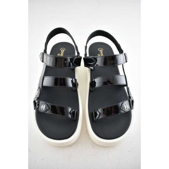 Chanel 20C Black Patent White CC Logo Mule Slide Strap Flat Dad Sandal 40.5 - Picture 7 of 12